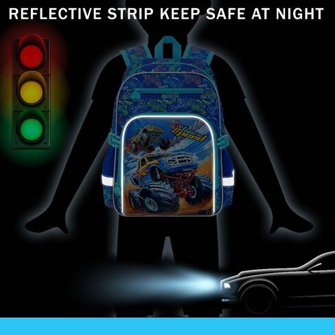 KLFVB 3PC Bookbag for Kids, Boys Truck Backpack Set with Clip-On Lunch Bag, Water Resistant Preschool Backpacks for Elementary - Dynamic Dual-Truck Blue in Saudi Arabia
