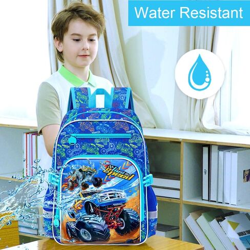 KLFVB 3PC Bookbag for Kids, Boys Truck Backpack Set with Clip-On Lunch Bag, Water Resistant Preschool Backpacks for Elementary - Dynamic Dual-Truck Blue in Saudi Arabia