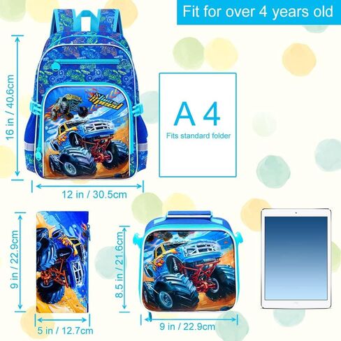 KLFVB 3PC Bookbag for Kids, Boys Truck Backpack Set with Clip-On Lunch Bag, Water Resistant Preschool Backpacks for Elementary - Dynamic Dual-Truck Blue in Saudi Arabia