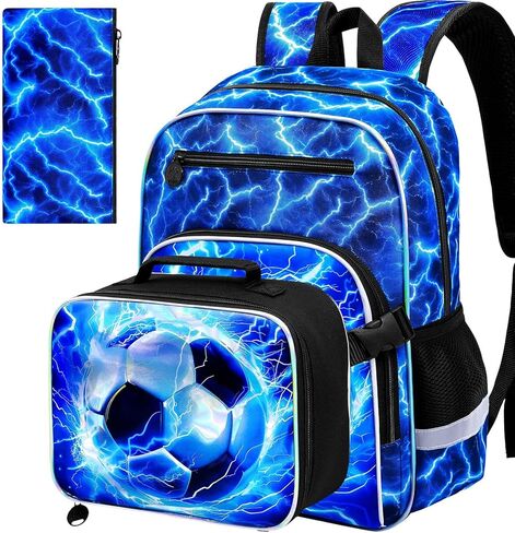 KLFVB 3PC Bookbag for Kids, Boys Truck Backpack Set with Clip-On Lunch Bag, Water Resistant Preschool Backpacks for Elementary - Dynamic Dual-Truck Blue in Saudi Arabia