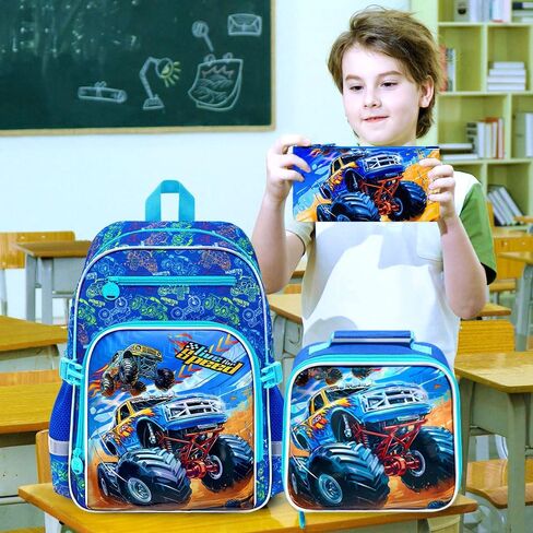 KLFVB 3PC Bookbag for Kids, Boys Truck Backpack Set with Clip-On Lunch Bag, Water Resistant Preschool Backpacks for Elementary - Dynamic Dual-Truck Blue in Saudi Arabia