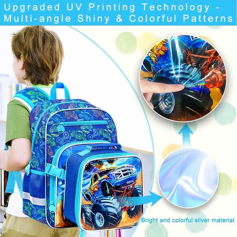 KLFVB 3PC Bookbag for Kids, Boys Truck Backpack Set with Clip-On Lunch Bag, Water Resistant Preschool Backpacks for Elementary - Dynamic Dual-Truck Blue in Saudi Arabia