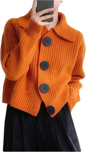 Women's Collared Button Down Cardigan Ribbed Knit Drop Shoulder Sweaters Fall Tops in Saudi Arabia