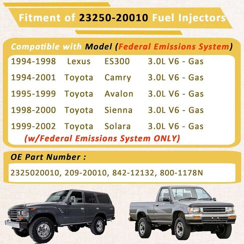 23250-20010 1MZ 3.0L Fuel Injectors,Compatible with/Toyota 3.0 Camry 1994-2001, Sienna 1998-2000, Solara 1999-2002, Avalon 1995-1999 |2 Holes| |Set of 6| in Saudi Arabia