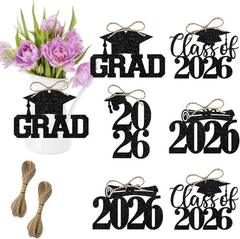 24Pcs Graduation Party Decorations 2026 Black, Graduation Favor Tags - Glitter Cutouts Congrats Class of 2026 Grad Table Centerpieces with Yards Burlap Rope in Saudi Arabia