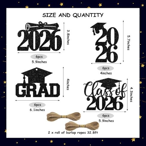 24Pcs Graduation Party Decorations 2026 Black, Graduation Favor Tags - Glitter Cutouts Congrats Class of 2026 Grad Table Centerpieces with Yards Burlap Rope in Saudi Arabia