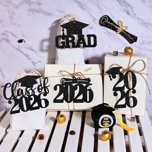 24Pcs Graduation Party Decorations 2026 Black, Graduation Favor Tags - Glitter Cutouts Congrats Class of 2026 Grad Table Centerpieces with Yards Burlap Rope in Saudi Arabia