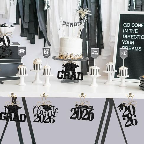 24Pcs Graduation Party Decorations 2026 Black, Graduation Favor Tags - Glitter Cutouts Congrats Class of 2026 Grad Table Centerpieces with Yards Burlap Rope in Saudi Arabia