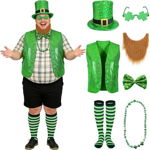 7PCS St Patricks Day Costume Suit Leprechaun Costume Adult Men with Hat for Irish Cosplay Party Decoration in Saudi Arabia
