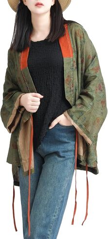 LZJN Women's Hanten Cardigan Kimono Linen Retro Lace Up Hanfu Irregular Shirt Tops Floral Print in Kuwait