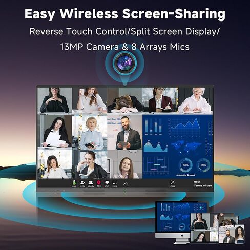 سبورة ذكية، 65 بوصة، شاشة بيضاء تفاعلية 4K تعمل باللمس مدمجة في كاميرا فائقة الوضوح، نظام بيئي مفتوح للتطبيق، عرض رقمي، سبورة بيضاء ذكية إلكترونية للفصل الدراسي والمكتب المنزلي in Kuwait