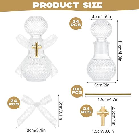 24PCS Holy Water Bottles, 50ml Glass Wishing Bottle with Cross Lapel Pin and Lace Bow, Empty Holy Container for Holy First Communion Church Wedding Party Favors Jerusalem Gifts Catholic Christian in Saudi Arabia