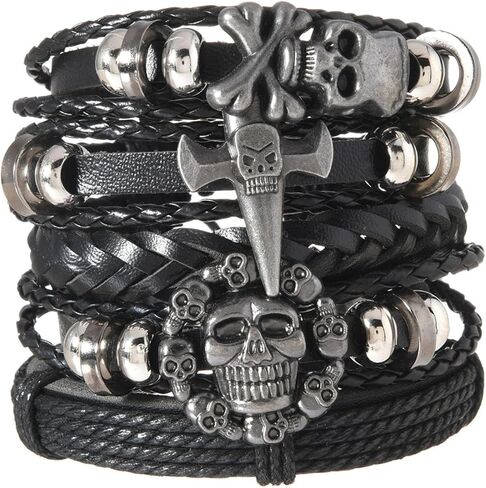 Viking Bracelet for Men 5Pcs Gothic Skull Leather Braided Bracelet Set Punk Skull Axe Charm Handmade Woven Wristband Cuff for StreetwearParty (Adjustable) in Saudi Arabia