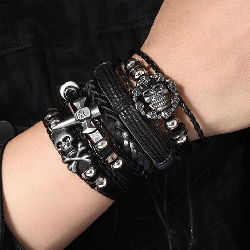 Viking Bracelet for Men 5Pcs Gothic Skull Leather Braided Bracelet Set Punk Skull Axe Charm Handmade Woven Wristband Cuff for StreetwearParty (Adjustable) in Saudi Arabia