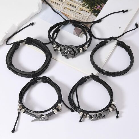 Viking Bracelet for Men 5Pcs Gothic Skull Leather Braided Bracelet Set Punk Skull Axe Charm Handmade Woven Wristband Cuff for StreetwearParty (Adjustable) in Saudi Arabia