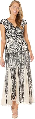 R&M Richards Women's Elegant Cap Sleeve V-Neck Maxi Dress | Formal Embellished Sequin Panel Gown | Evening Cocktail Attire in Saudi Arabia