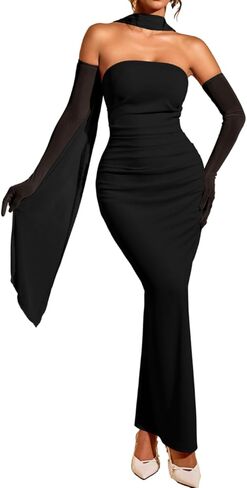 Women's Bodycon Dress with Scarf & Gloves, Tube Ruched Slit Maxi Elegant Dress Set for Evening Party in Saudi Arabia