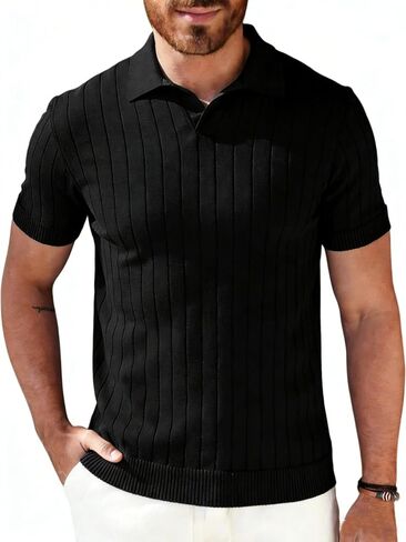 OYOANGLE Men's Knit Polo Shirts V Neck Short Sleeve Stretch Collared Ribbed Textured Golf Shirt in Saudi Arabia