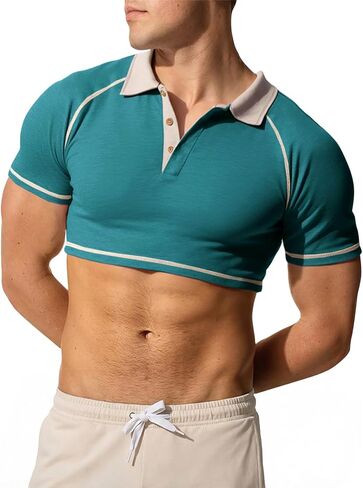 Runcati Mens Sexy Crop Shirts Unisex Short Sleeve Polo Fashion Workout Muscle Fit Undershirt Raglan Hot Tee Streetwear in Saudi Arabia