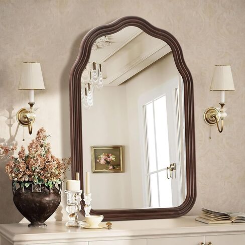 مرآة حمام من الخشب الريفي Tanmicoshomy مقاس 20 × 30 بوصة، مرايا مقوسة بإطار خشبي طبيعي مع زجاج مقاوم للكسر لغرفة المعيشة أو غرفة النوم أو المدخل (بني داكن) in Kuwait