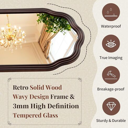 مرآة حمام من الخشب الريفي Tanmicoshomy مقاس 20 × 30 بوصة، مرايا مقوسة بإطار خشبي طبيعي مع زجاج مقاوم للكسر لغرفة المعيشة أو غرفة النوم أو المدخل (بني داكن) in Kuwait