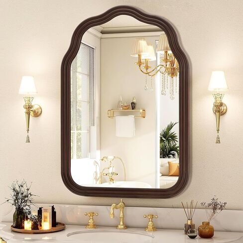 مرآة حمام من الخشب الريفي Tanmicoshomy مقاس 20 × 30 بوصة، مرايا مقوسة بإطار خشبي طبيعي مع زجاج مقاوم للكسر لغرفة المعيشة أو غرفة النوم أو المدخل (بني داكن) in Kuwait