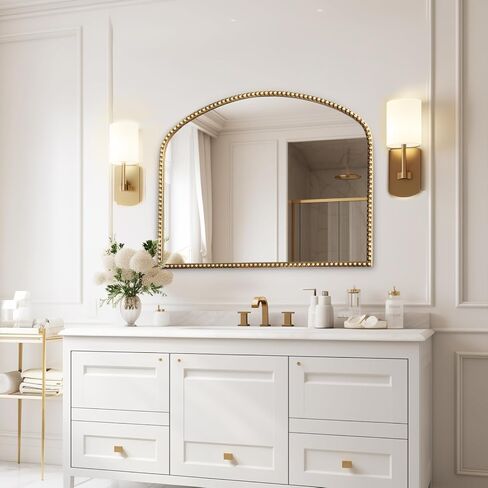 Arched Antique Gold Bathroom Mirror Baroque Metal Beaded Frame Wall Mirrors Decorative Wall Mirrors for Vanity Bedroom Entryway in Saudi Arabia