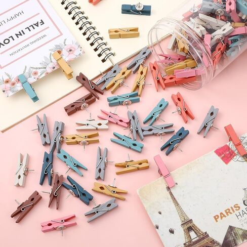 200 Pcs Push Pin Clips Bulk Wooden Clips with Tacks for Cork Board, Bulletin Board, Colorful Wood Clip with Push Pins for Classroom School Home Office Arts Craft Projects in Saudi Arabia