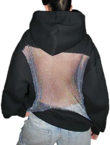 سترة نسائية Y2K بغطاء للرأس شبكي مثير من الخلف بمقاس كبير من الدانتيل الكريستالي، بلوفر شفاف للحفلات مع جيب in Kuwait