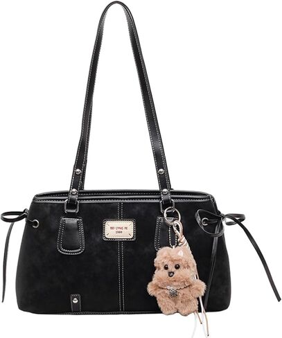 Vintage Shoulder Bag Brown Purses for Women Hobo Handbag Faux Leather Shoulder Purse with Cute Bear Pendant in Saudi Arabia