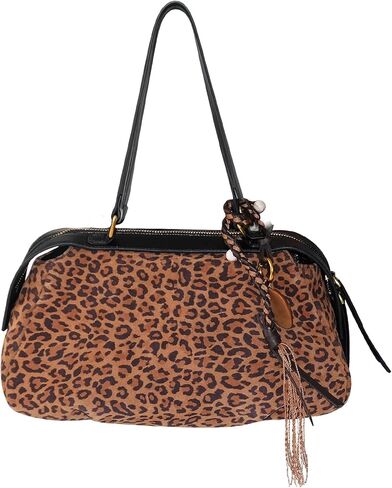 حقيبة يد فاخرة من جلد الغزال الأصلي بطبعة جلد الفهد، زخرفة من الجلد البني، حزام كتف، تفاصيل شرابة، محفظة كروس أنيقة in Kuwait