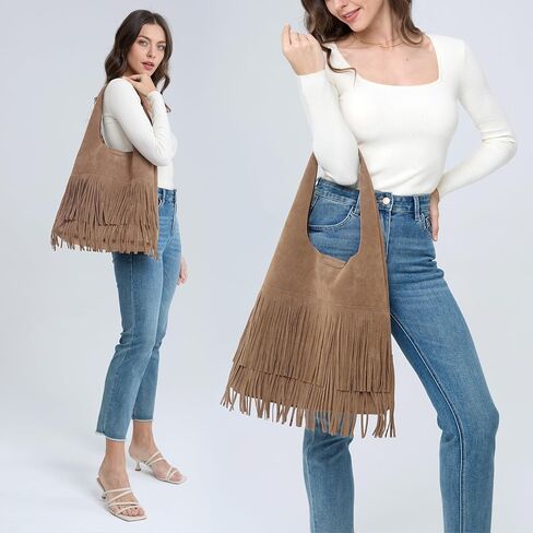 Tassel Faux Suede Hobo Bag for Women Fringe Shoulder Handbag in Saudi Arabia