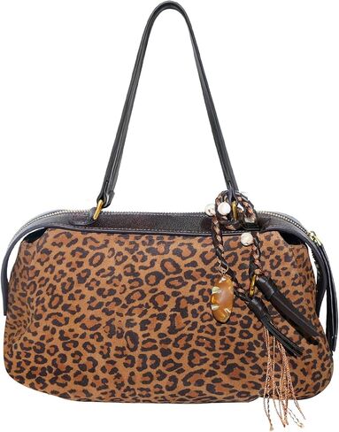 Luxury Leopard Print Genuine Suede Handbag, Brown Leather Trim, Shoulder Strap, Tassel Detail, Fashion Crossbody Purse in Saudi Arabia