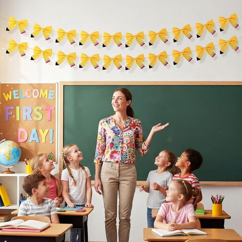 Tegeme Back to School Decorations 9.2ft Felt Pencil-Shaped Bow Banner First Day of School Decorations 3D Hanging Pencil Banner for Classroom Party Favors in Saudi Arabia