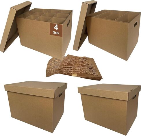 صناديق المطبخ المتحركة مع مجموعات مقسمة لتغليف أطباق النبيذ الزجاجية وأغطية الوسائد، 4 عبوات مقاس 17 × 12 × 12 بوصة، مقابض معززة، خالية من الأشرطة (CK171212) in Kuwait