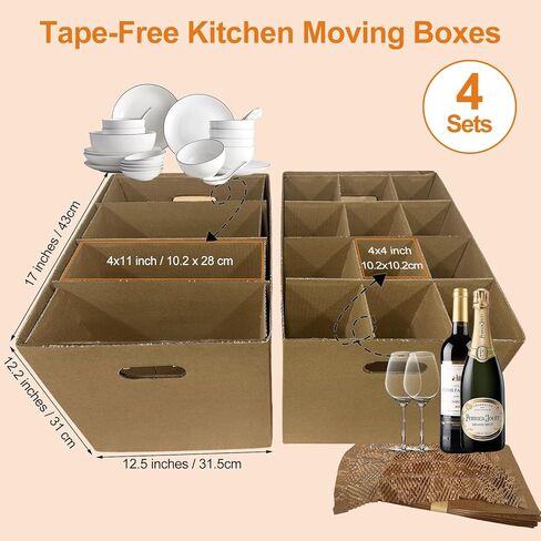 صناديق المطبخ المتحركة مع مجموعات مقسمة لتغليف أطباق النبيذ الزجاجية وأغطية الوسائد، 4 عبوات مقاس 17 × 12 × 12 بوصة، مقابض معززة، خالية من الأشرطة (CK171212) in Kuwait