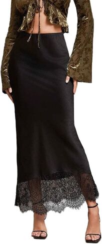 Women Elegant Satin Lace Hem Long Skirt Trendy Tight Elastic High Waist A Line Lace Patchwork Silk Maxi Skirt in Saudi Arabia