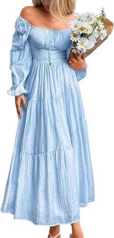 Tiered Maxi Dress, Off Shoulder Smocked Flowy, Boho Cottagecore, A Line Long Puff Sleeve Pastel Fall Tea Party in Saudi Arabia