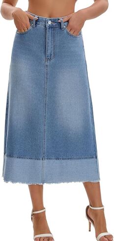 Women's Casual Denim Maxi Skirt High Waist Contrast Panel A Line Long Jean Skirts in Saudi Arabia