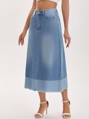 Women's Casual Denim Maxi Skirt High Waist Contrast Panel A Line Long Jean Skirts in Saudi Arabia