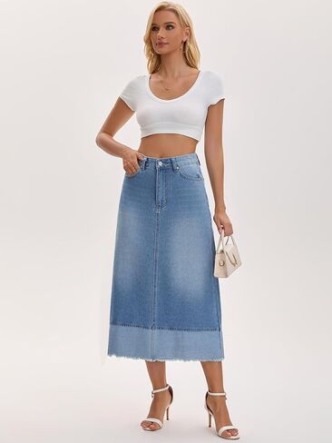 Women's Casual Denim Maxi Skirt High Waist Contrast Panel A Line Long Jean Skirts in Saudi Arabia