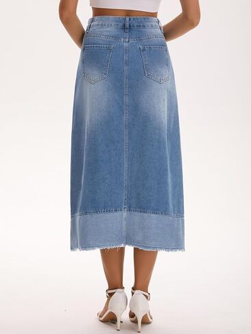 Women's Casual Denim Maxi Skirt High Waist Contrast Panel A Line Long Jean Skirts in Saudi Arabia