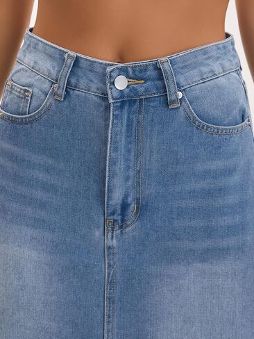 Women's Casual Denim Maxi Skirt High Waist Contrast Panel A Line Long Jean Skirts in Saudi Arabia
