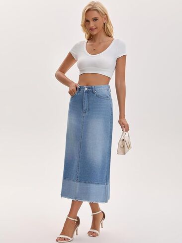 Women's Casual Denim Maxi Skirt High Waist Contrast Panel A Line Long Jean Skirts in Saudi Arabia
