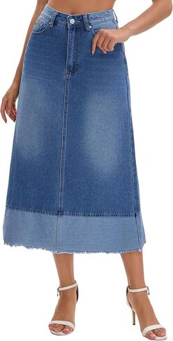 Women's Casual Denim Maxi Skirt High Waist Contrast Panel A Line Long Jean Skirts in Saudi Arabia