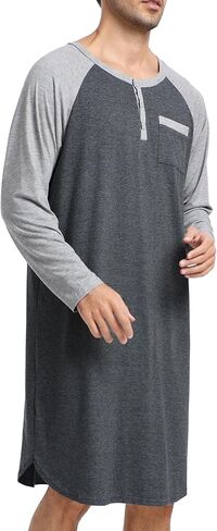 Enjoyoself Men's Cotton Long Sleeve Pyjama Tops Breathable Nightgown for Spring Autumn Winter, Hospital Wear in Kuwait