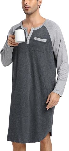 Enjoyoself Men's Cotton Long Sleeve Pyjama Tops Breathable Nightgown for Spring Autumn Winter, Hospital Wear in Kuwait