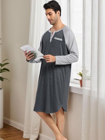 Enjoyoself Men's Cotton Long Sleeve Pyjama Tops Breathable Nightgown for Spring Autumn Winter, Hospital Wear in Kuwait
