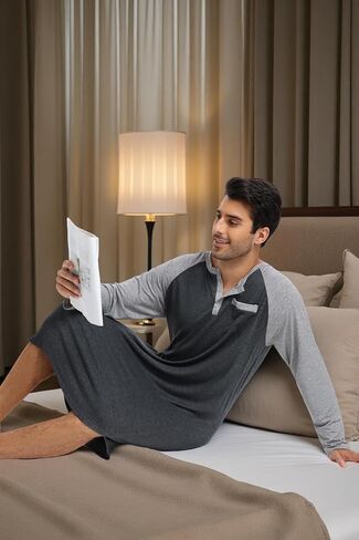 Enjoyoself Men's Cotton Long Sleeve Pyjama Tops Breathable Nightgown for Spring Autumn Winter, Hospital Wear in Kuwait