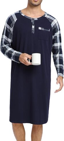 Enjoyoself Men's Cotton Long Sleeve Pyjama Tops Breathable Nightgown for Spring Autumn Winter, Hospital Wear in Kuwait